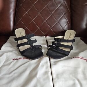 Salvatore Ferragamo Black Satin Multi-Strap Mule Sandals